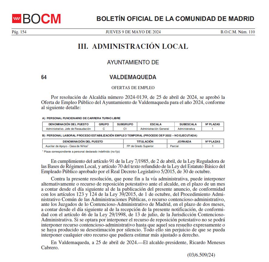 Oferta de Empleo Público del Ayuntamiento de Valdemaqueda para el año 2024